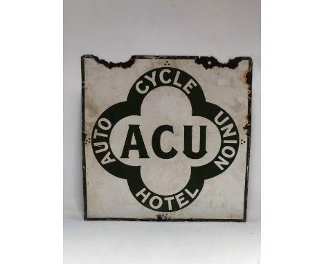 A vintage enamel on metal double sided advertising sign 'ACU AUTO CYCLE UNION HOTEL', 51 x 51cm. 
