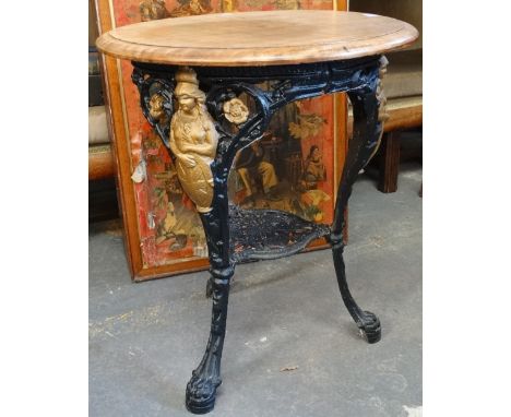 A cast iron framed pub table, cast with figures of Britannia with mahogany top. 