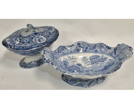 A 19th century Spode blue and white transfer printed comport decorated with a gate house by a river with cattle and figures, 