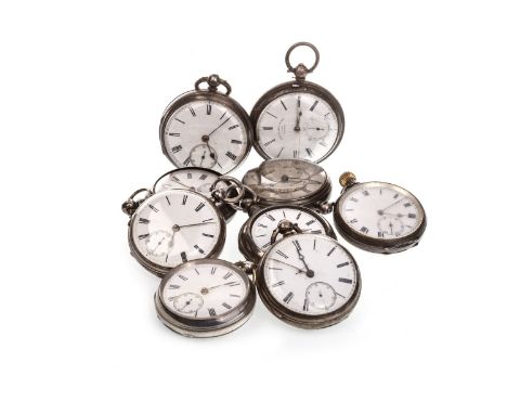 COLLECTION OF NINETEENTH AND TWENTIETH CENTURY POCKET WATCHES, most with silver cases, most with white enamel dials and inclu