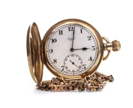 LIMIT GOLD PLATED FULL HUNTER KEYLESS WIND POCKET WATCH, the round white enamel dial with Arabic numerals in black, subsidiar