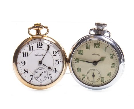 HAMILTON GOLD PLATED OPEN FACE POCKET WATCH, the round white enamel dial with Arabic numerals in black, outer seconds track i