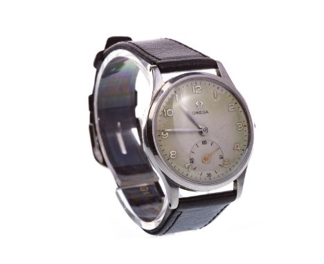 GENTLEMAN'S OMEGA STAINLESS STEEL MANUAL WIND WRIST WATCH, c.1950s, signed Omega movement numbered 12043506, the round white 