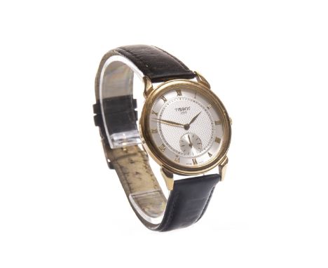GENTLEMAN'S TISSOT GOLD PLATED QUARTZ WRIST WATCH, the machined white dial with applied gold coloured Roman numerals, subsidi