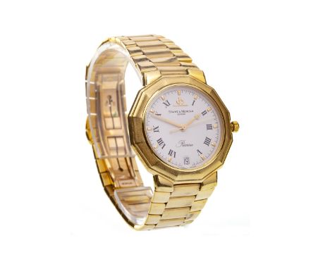 GENTLEMAN'S BAUME &amp; MERCIER RIVIERA EIGHTEEN CARAT GOLD WRIST WATCH, the round white dial with Roman numerals in black, w