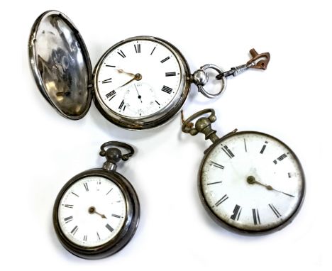 THREE POCKET WATCHES, each with a round white enamel dial, with Roman numerals in black and railroad outer seconds track in b