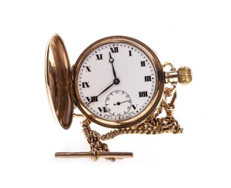 NINE CARAT GOLD FULL HUNTER POCKET WATCH AND CHAIN, the watch with round white enamel dial with Roman numerals in black, subs