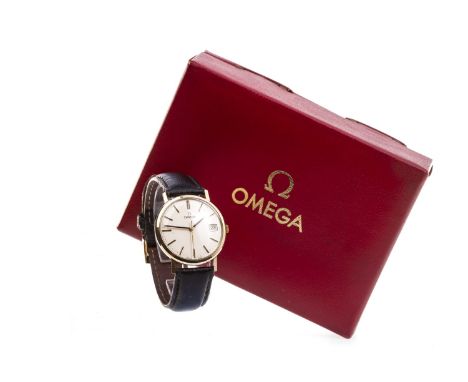 GENTLEMAN'S OMEGA NINE CARAT GOLD MANUAL WIND WRIST WATCH, the round dial with applied baton hour markers, date aperture at 3