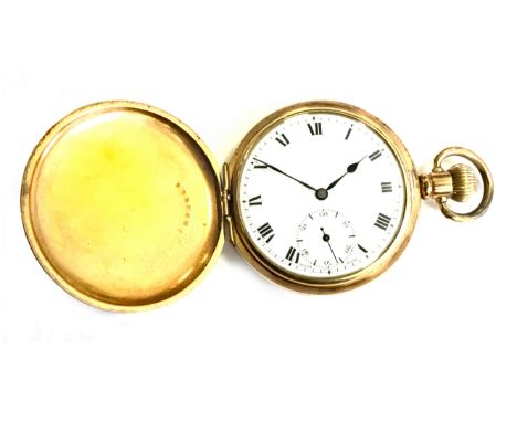 GOLD PLATED FULL HUNTER POCKET WATCH, the round white enamel dial with Roman numerals, subsidiary seconds at 6, railroad oute