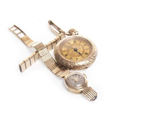 OPEN FACE FOB WATCH, the round white enamel dial with Arabic numerals in black, dot outer seconds track in gold, with central
