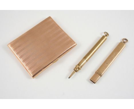 A 9CT. GOLD CIGARETTE CASE of rectangular shape, with engine turned decoration to both sides, hallmarked for Chester 1916, 6.