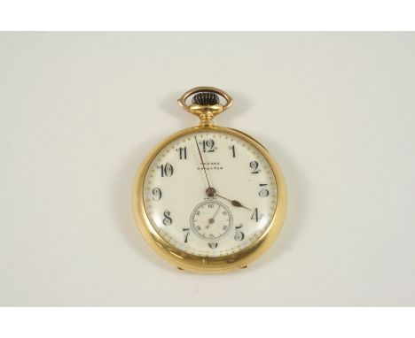 AN 18CT. GOLD OPEN  FACED POCKET WATCH the white enamel dial with Arabic numerals and subsidiary seconds dial, engraved with 