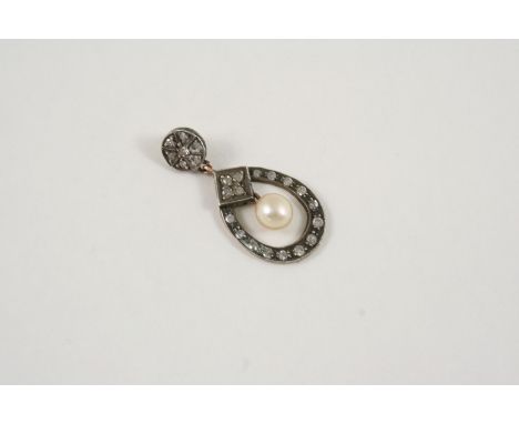 A GEORGIAN DIAMOND CLUSTER PENDANT centred with an untested pearl drop within a surround of old cut-diamonds, in gold, 3.5cm.