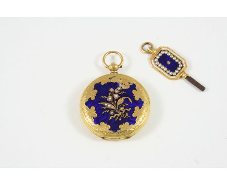 AN 18CT. GOLD AND ENAMEL FULL HUNTING CASED POCKET WATCH the white enamel dial with Roman numerals, with blue guilloche ename