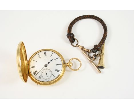 AN 18CT. GOLD HALF HUNTING CASED POCKET WATCH the white enamel dial numbered 60134, with Roman numerals and subsidiary second