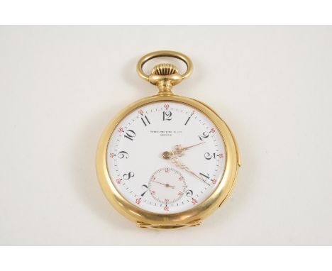 AN 18CT. GOLD OPEN FACED KEYLESS MINUTE REPEATING POCKET WATCH BY PATEK PHILIPPE the white enamel dial with Arabic numerals a