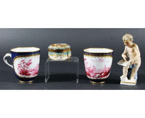 PAIR OF SEVRES STYLE COFFEE CUPS, 19th century, puce painted with rural scenes inside gilt frames and on a bleu mazarin groun