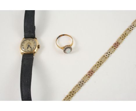 A 9CT. THREE COLOUR GOLD FANCY GATE LINK BRACELET 8.9 grams, together with a gold wristwatch by Omega and an opal and diamond