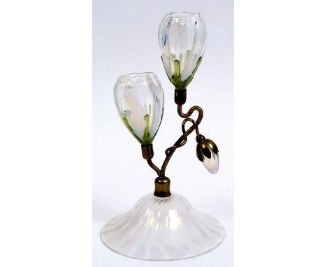 UNUSUAL ART NOUVEAU GLASS EPERGNE - REGISTERED DESIGN an unusual glass epergne possibly by John Walsh, with an iridescent gla