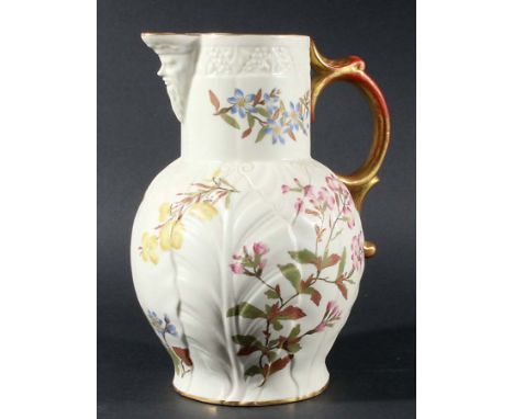 ROYAL WORCESTER OLD IVORY CABBAGE LEAF JUG, date code for 1887, painted and gilt floral sprays, puce factory mark, iron red a