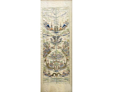 PAIR OF CHINESE SILK BANDS, worked in threads with a lake scene, boats, pagoda and mountains, framed as one, 59cm x 21cm; tog