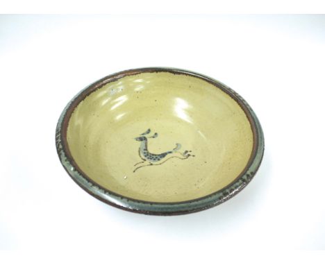 BERNARD LEACH STUDIO POTTERY BOWL a large stoneware bowl with a celadon style glaze, the plain interior painted with a Deer a