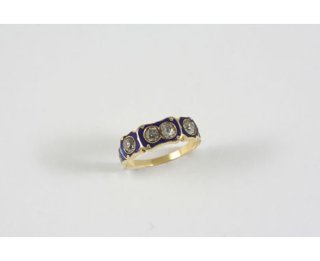 A GEORGIAN DIAMOND AND ENAMEL RING the gold mount with blue enamel decoration and mounted with four old brilliant-cut diamond