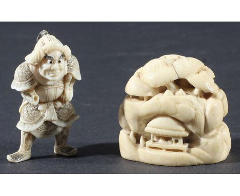 JAPANESE IVORY NETSUKE, Meiji, carved as a samurai, height 4.5cm; together with another carved as a mountain with trees, buil