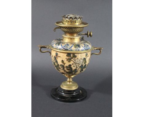 DOULTON LAMBETH OIL LAMP - 1882 a pottery and brass mounted oil lamp, with a removable font. With a floral design and a Hinks