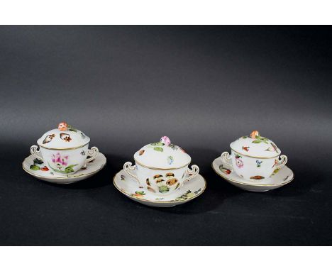 HEREND LIDDED BOWLS & SAUCERS - FRUITS & FLOWERS a set of 14 lidded bowls and matching saucers, each painted in the Fruits & 