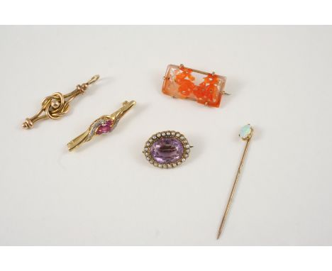 AN OPAL AND GOLD STICK PIN set with an oval solid white opal, an amethyst, half pearl and 15ct. gold brooch, together with th