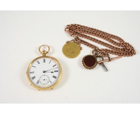 AN 18CT. GOLD OPEN FACED POCKET WATCH the white enamel dial with Roman numerals and subsidiary seconds dial, 45mm. dia., toge