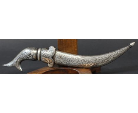 INDO-PERSIAN DAGGER, 19th century style, with niello scabbard and handle with fishtail terminal, white metal inlaid curving b