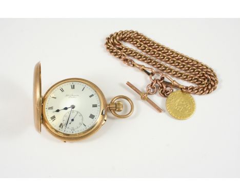 A 9CT. GOLD HALF HUNTING CASED POCKET WATCH BY J. W. BENSON, LONDON the signed white enamel dial with Roman numerals and subs