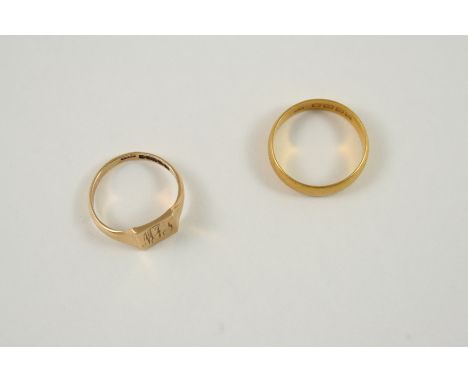 A 22CT. GOLD WEDDING BAND 5.0 grams, size R 1/2, together with a 9ct. gold signet ring, engraved with initials, 3.1 grams, si