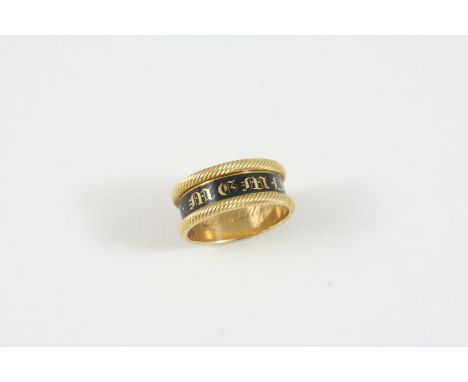 A GEORGE IV 18CT. GOLD AND BLACK ENAMEL MOURNING RING  inscribed to the inside Wm. Neville died 12 Mar. 1824 aged 60. Size I 