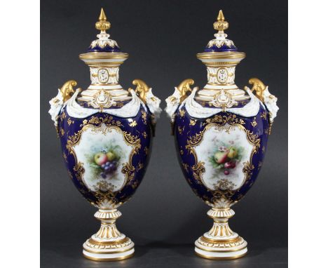 PAIR OF ROYAL WORCESTER VASES AND COVERS, date code for 1902, shape 1407, signed Chivers, of two handled ovoid form, painted 