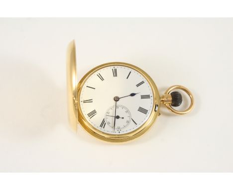 AN 18CT. GOLD FULL HUNTING CASED POCKET WATCH the white enamel dial with Roman numerals and subsidiary seconds dial, engraved