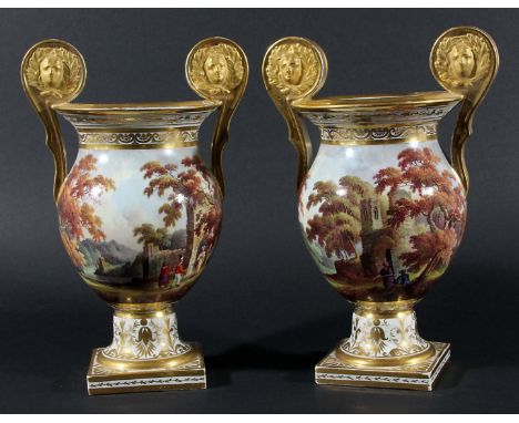 PAIR DERBY VASES, circa 1820, probably painted by Daniel Lucas with romantic scenes of figures amongst ruins in landscapes, b