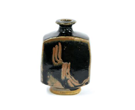 BERNARD LEACH STUDIO POTTERY VASE a bottle shaped stoneware vase with a Tenmoku glaze, with an indented design to both sides.