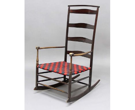 SHAKER CHAIR -  MOUNT LEBANON, NEW YORK a beech ladder back rocking chair with curved arms and top rail. Marked on the back, 