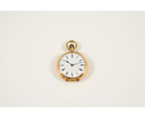 AN 18CT. GOLD OPEN FACED POCKET WATCH the white enamel dial with Roman numerals, 28mm. dia.