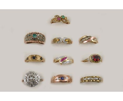 TEN ASSORTED GEM SET AND GOLD RINGS including a ruby and diamond ring, set in 9ct. gold, size L 1/2, a sapphire and 9ct. gold