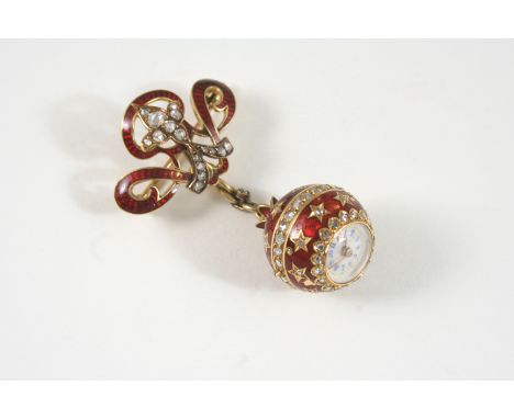 A VICTORIAN DIAMOND AND ENAMEL FOB WATCH the red guilloche enamel mount is set with graduated rose-cut diamonds, with gold de