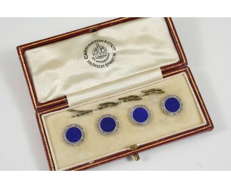 A CASED SET OF LAPIS LAZULI AND DIAMOND DRESS BUTTONS each lapis lazuli disc is set within a surround of rose-cut diamonds, i