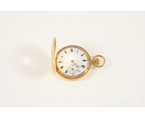 AN 18CT. GOLD HALF HUNTING CASED POCKET WATCH the white enamel dial with Roman numerals and subsidiary seconds dial, with blu