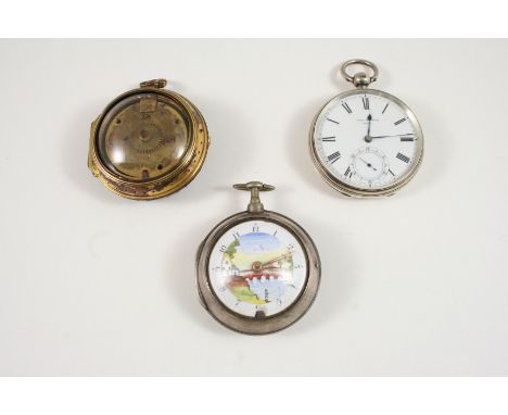 A SILVER PAIR CASED POCKET WATCH the enamel dial decorated with a scenic view of a man fishing by a bridge, Arabic numerals, 