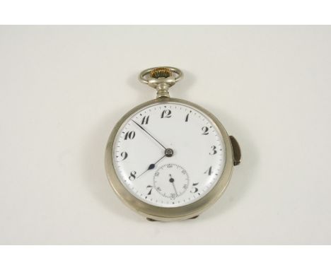 A NICKEL MINUTE REPEATER OPEN FACED POCKET WATCH the white enamel dial with Arabic numerals and subsidiary seconds dial, 50mm