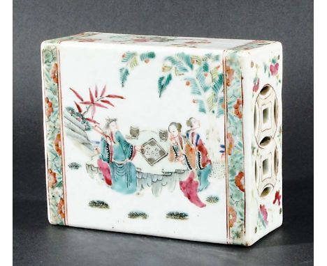 CHINESE FAMILLE ROSE BRICK PILLOW, 19th century, enamelled with scenes of figures playing board games and drinking wine, heig