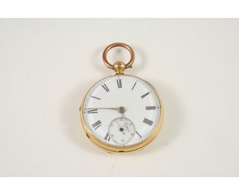 AN 18CT. GOLD OPEN FACED POCKET WATCH the white enamel dial with Roman numerals and subsidiary seconds dial, the movement sig